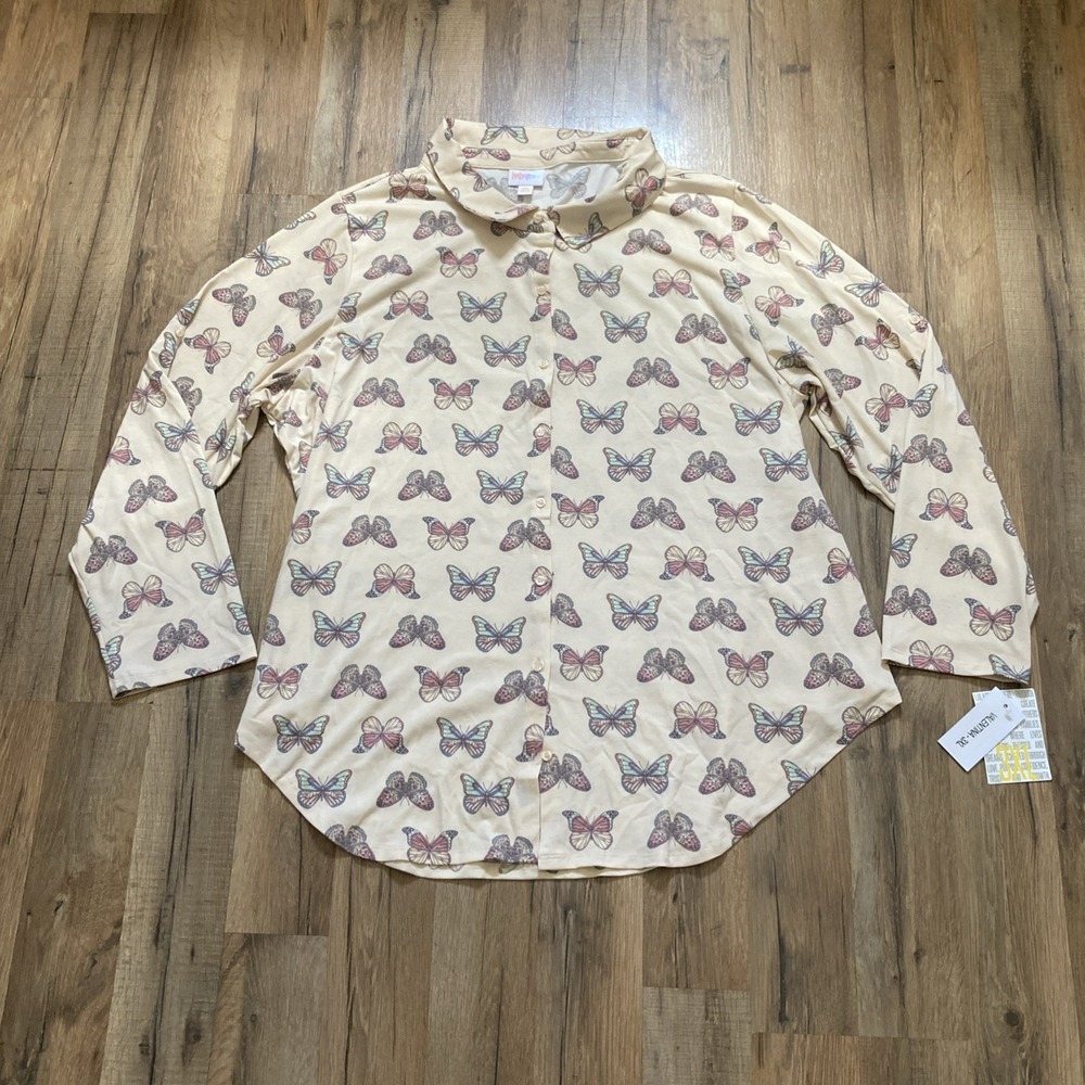 LulaRoe Womens 3X "Valentina" Butterfly Long Sleeve Roll Tab Button Down Blouse